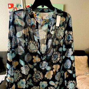 Ann Taylor Loft- blue semi-sheer long sleeve blouse Size 12